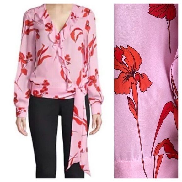 Parker Tops - Parker Pink Red Floral Print Silk Blend Pasha Ruffle Wrap Blouse